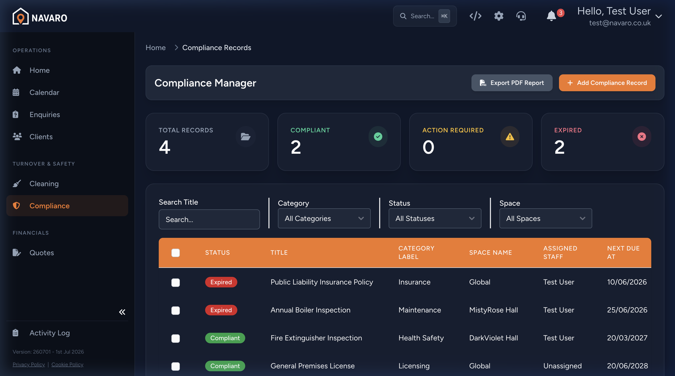 Navaro Compliance Tracking