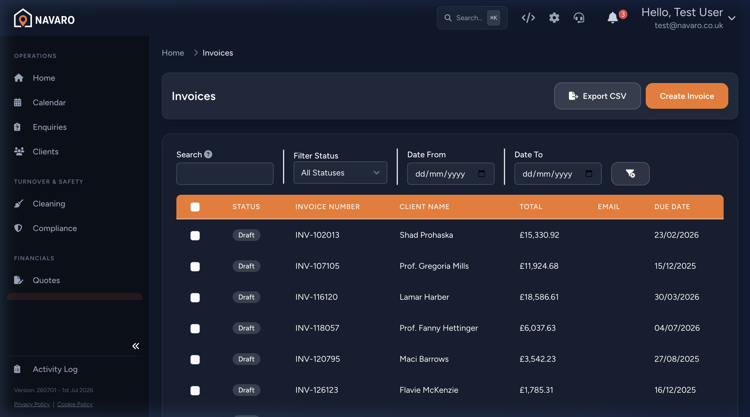 Navaro Invoices interface preview
